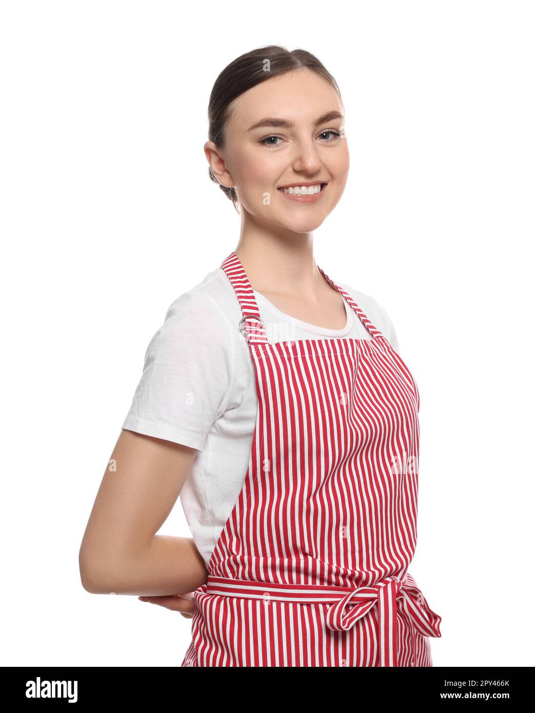 Beautiful young woman in clean striped apron on white background Stock ...