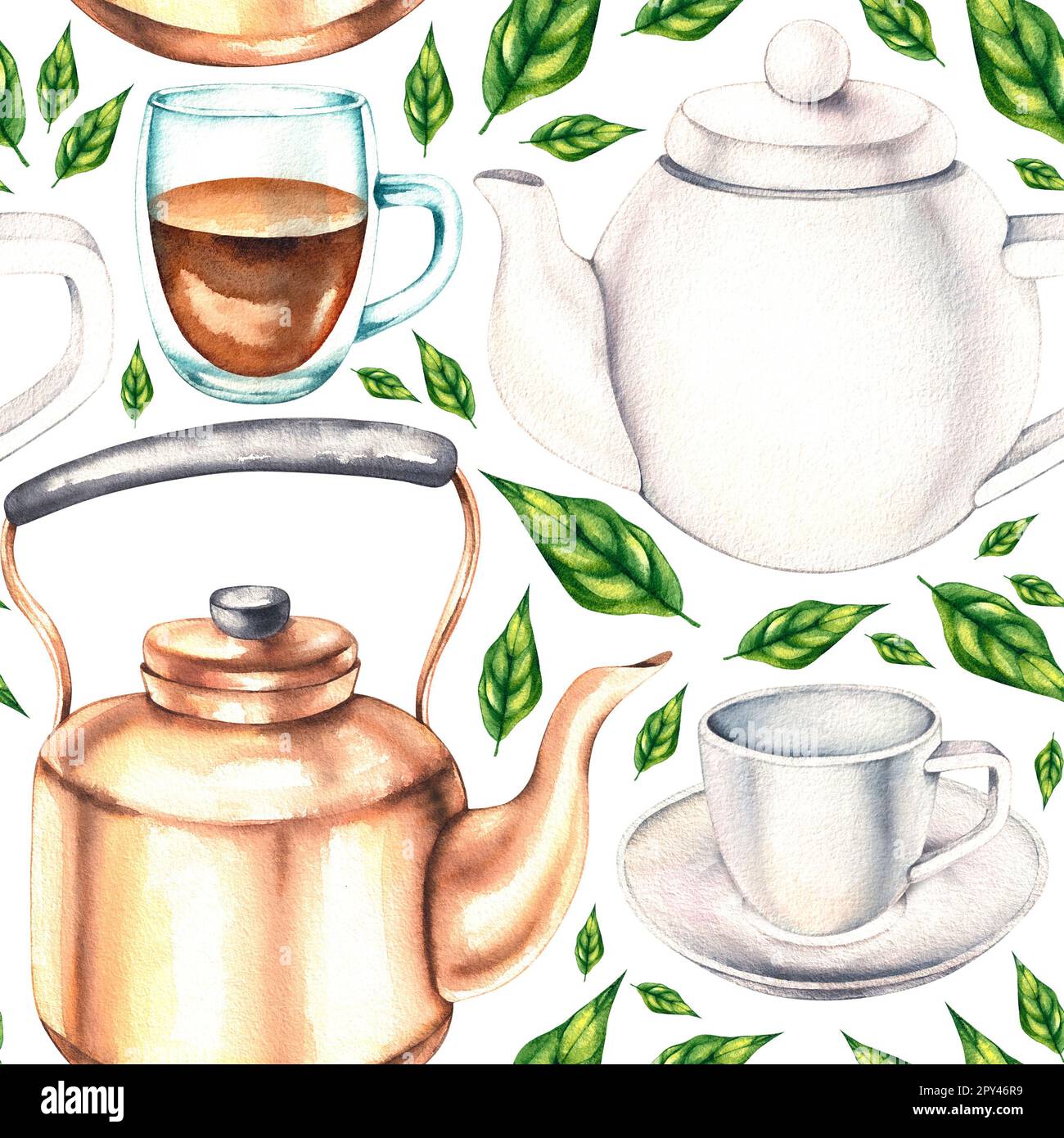 Watercolor pattern of tea drinking utensils with a tea plant on a white