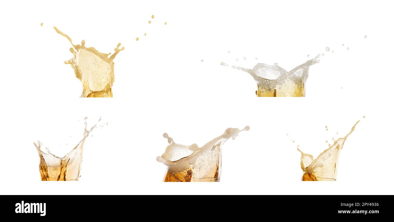 Set with beer splashes on white background. Banner design Stock Photo