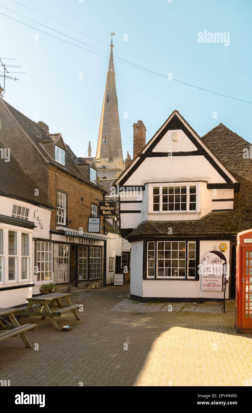 A quaint street in Evesham, Worcestershire, featuring Walker Hall a 16C ...