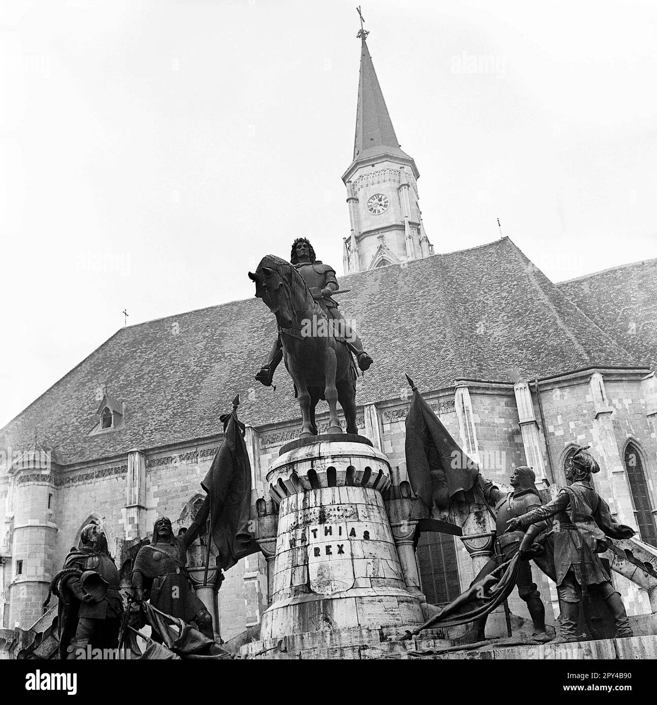 Cluj-Napoca, Romania, approx. 1976. Matthias Corvinus historic monument in front of St. Michael's Church. Stock Photo