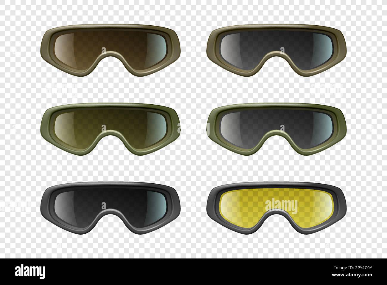 Vector 3d Realistic Military, Industrial Safety Glasses Icon Set Closeup Isolated. Transparent Glasses, Safety Glasses - Sports, Military, Uniform Stock Vector