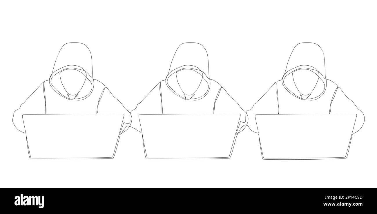 One continuous line of group of male people with laptop, workin as a ...