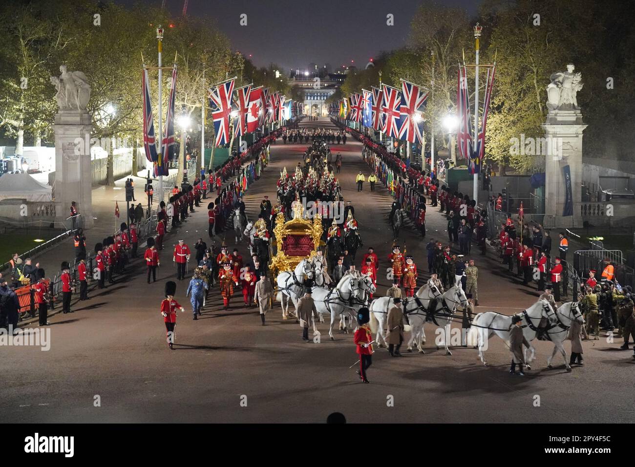 A night time rehearsal in central London for the coronation of King Charles III, which will take place this weekend. Picture date: Wednesday May 3, 2023. Stock Photo