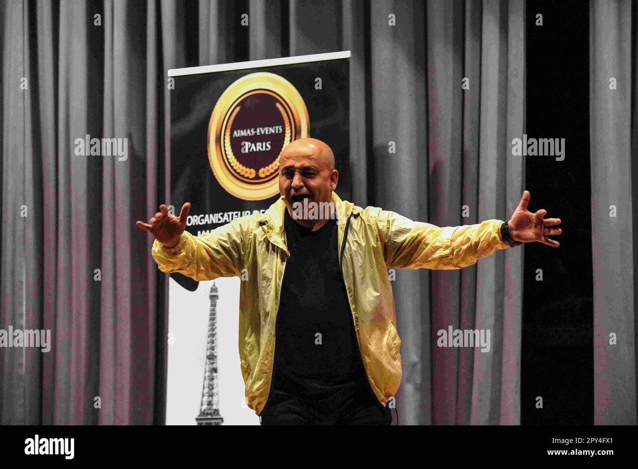 Stuttgart, Germany. 30th Apr, 2023. Stuttgard, Germany. 30 April  2023.Tunisian comedian Jaafar Guesmi performs live on stage at the  SÃ¤ngerhalle in Stuttgart. Jaafar Guesmi is a popular Tunisian actor,  comedian, director and