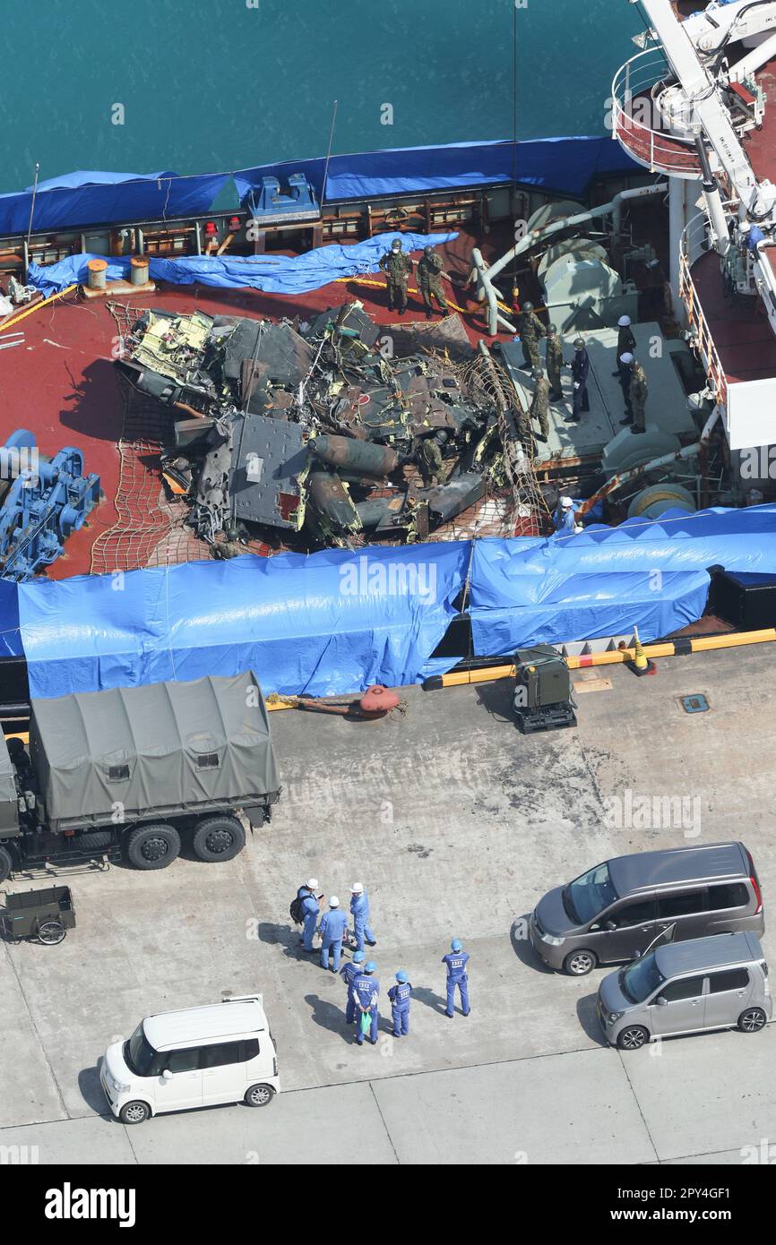 An aerial photo shows the wreckage of a sunken helicopter of the Japan ...