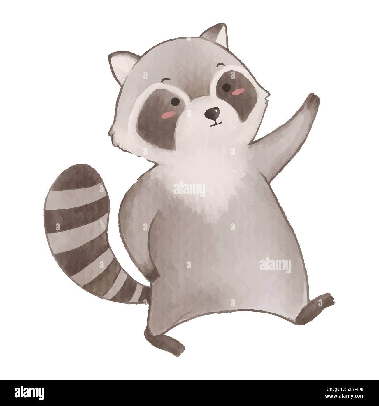 Raccoon is standing and walking . Watercolor paint design . Cute