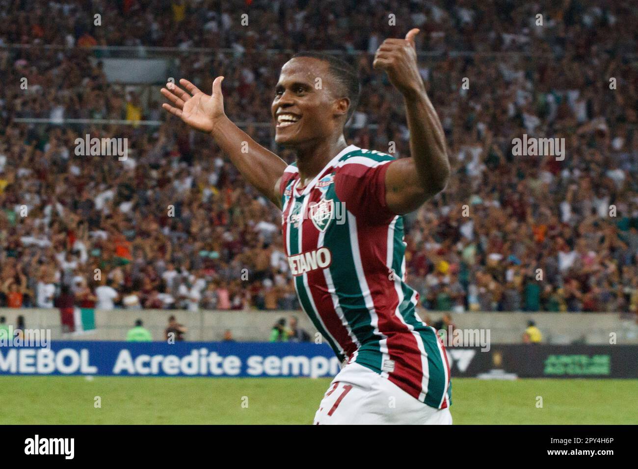 Samuel Xavier of Brazil's Fluminense, center, and Rene of Brazil's  Internacional head the ball during a Copa Libertadores semifinal second leg  soccer match at Beira Rio stadium in Porto Alegre, Brazil, Wednesday