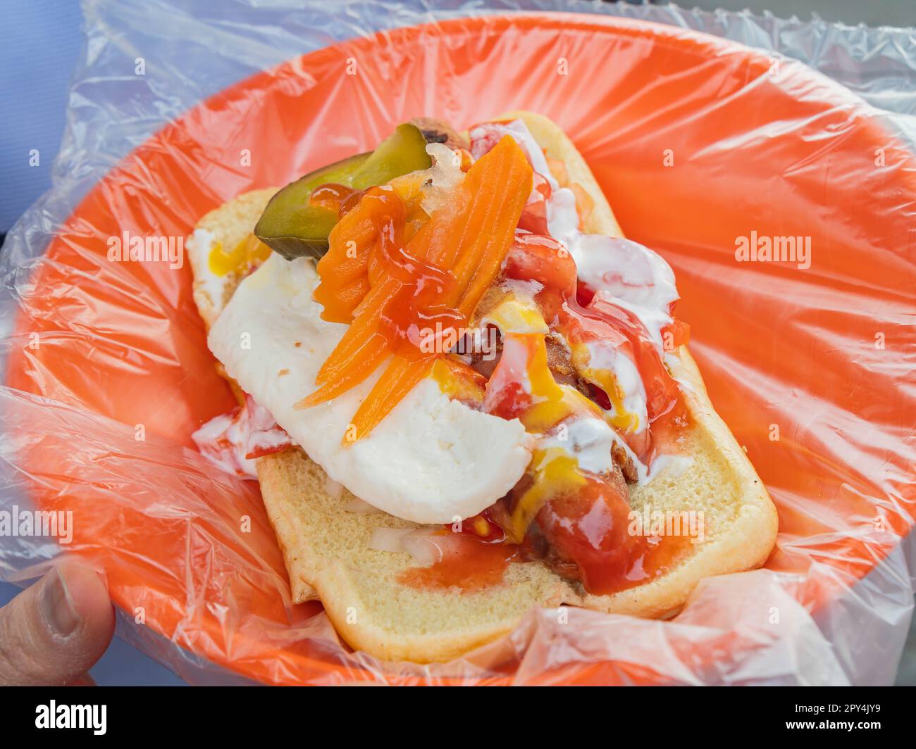 Close up shot of street vendors hot dog at Mexico Stock Photo