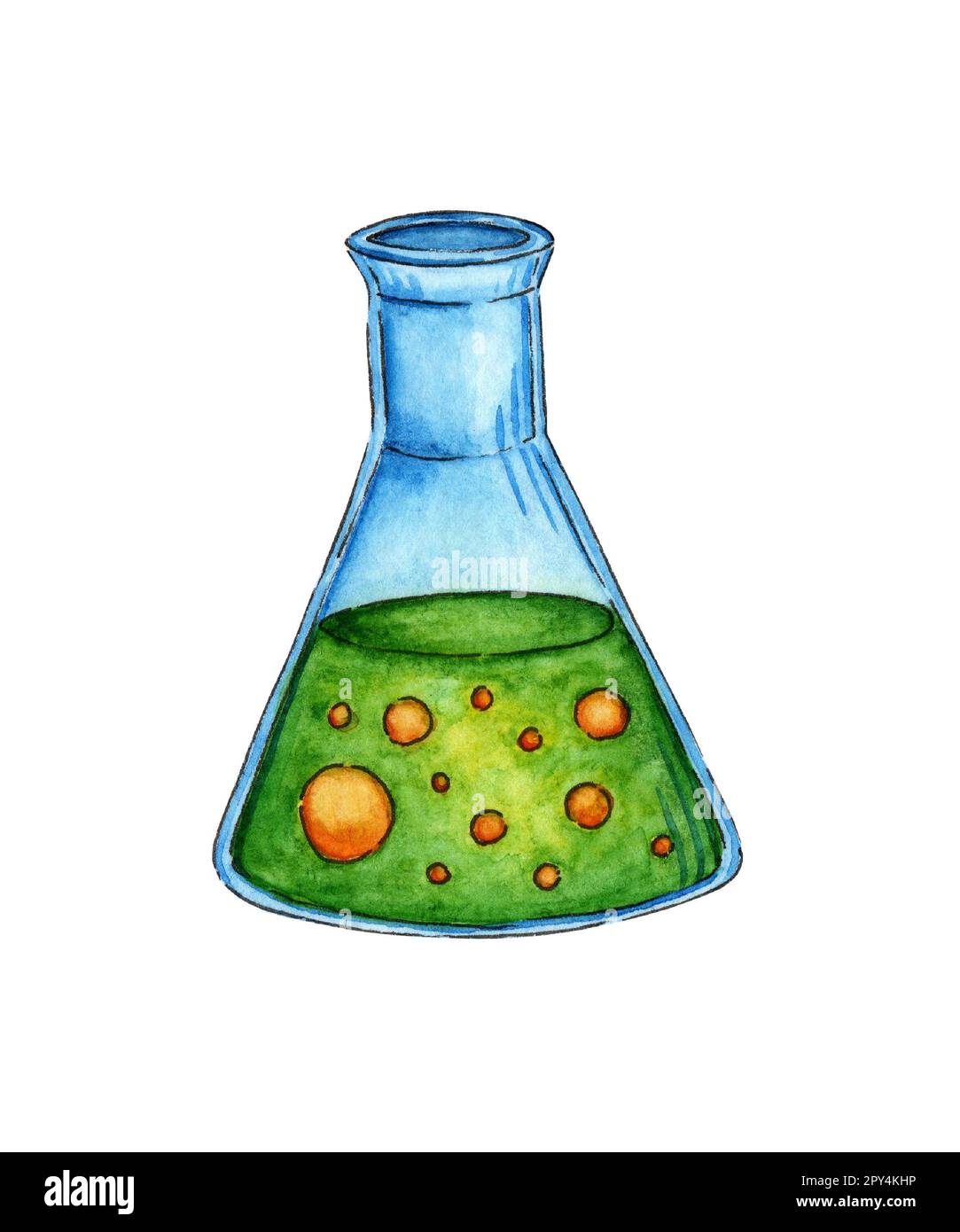 Watercolor illustration of a triangular flask with green liquid and