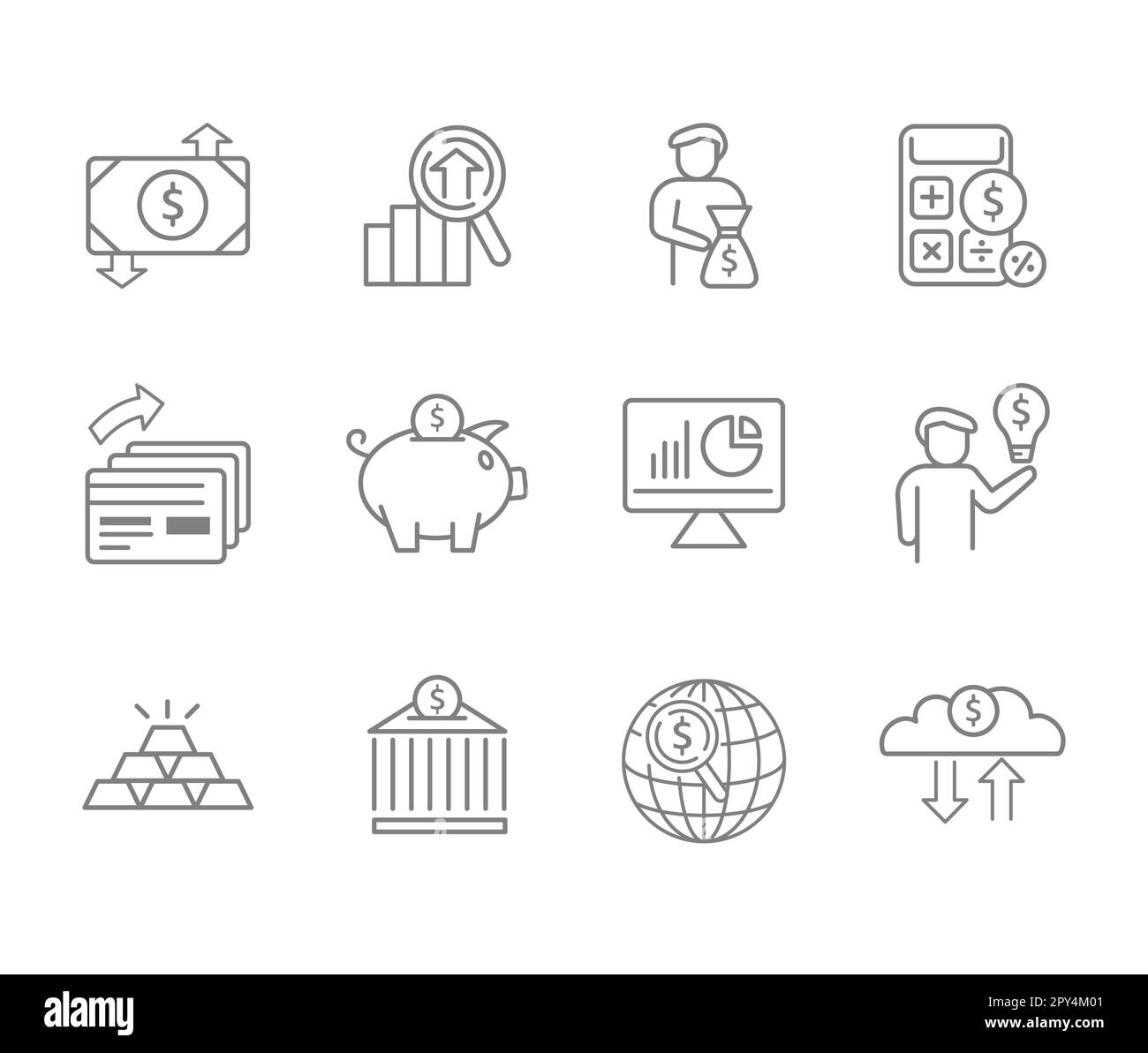 Infographic icon set for business. 12 Finance web icon collection. Thin outline icons pack bundle, vector icon infographic. Stock Vector