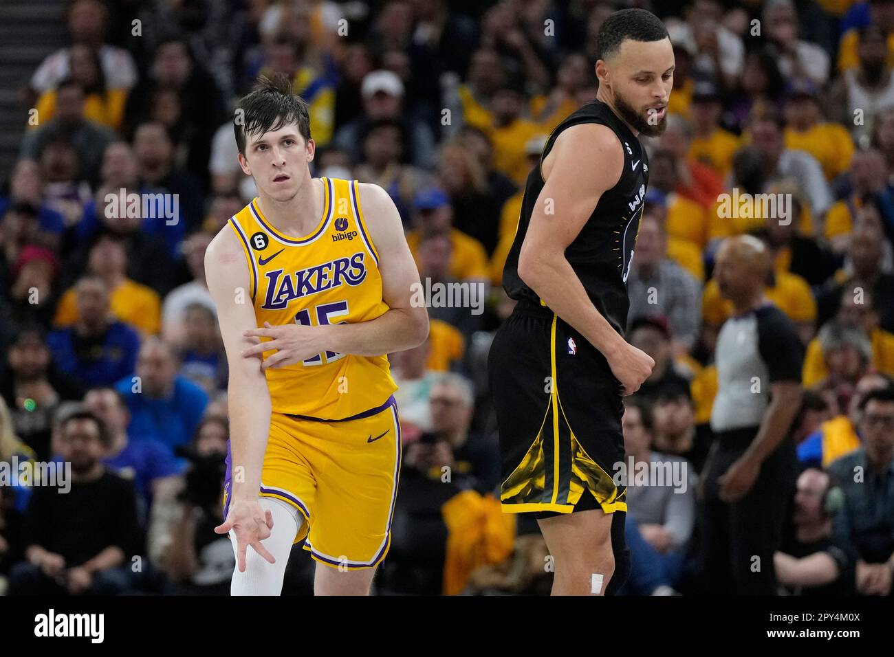 Los Angeles Lakers guard Austin Reaves brings the ball up against the  Golden State Warriors during the first half of an NBA basketball game in  San Francisco, Thursday, April 7, 2022. (AP
