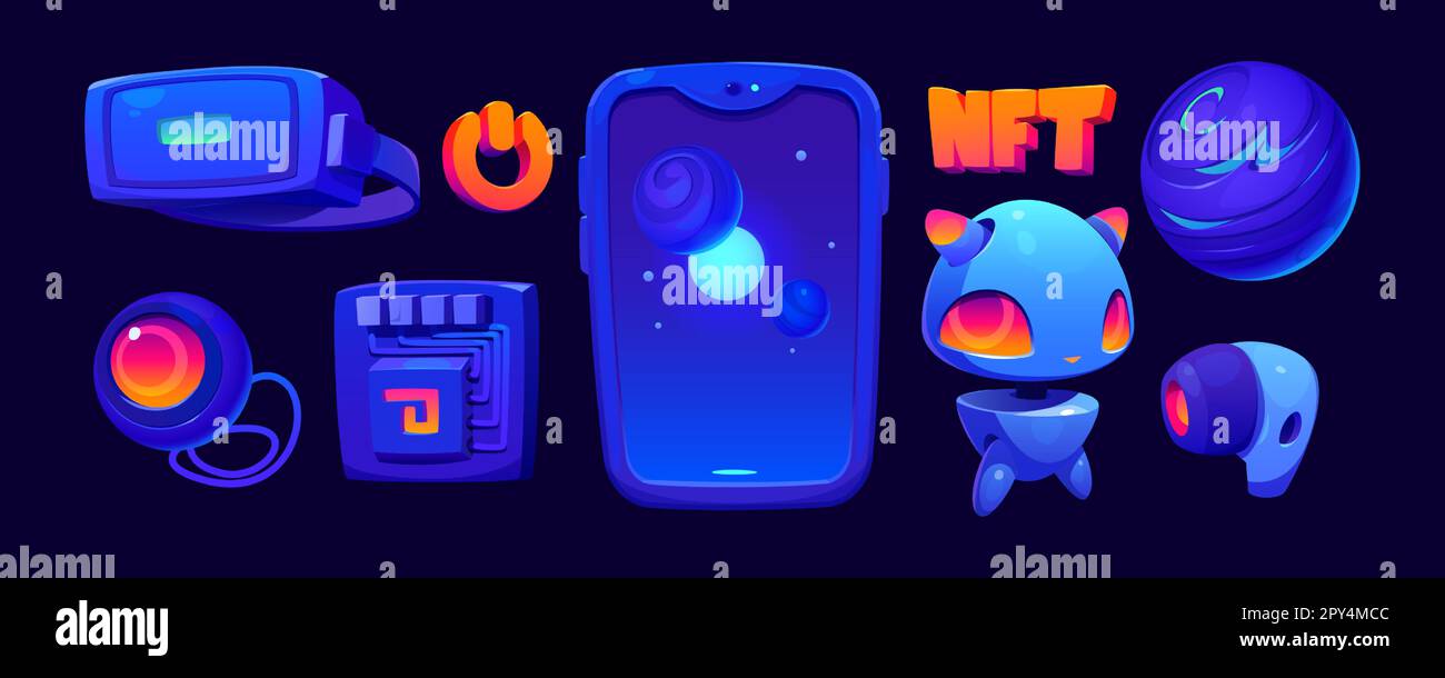 Future technology set with vr electronic device. Cartoon smartphone  headset. Isolated virtual reality and metaverse smart product icon  illustration. Neon cryptocurrency digital tech ui nft design Stock Vector  Image & Art -