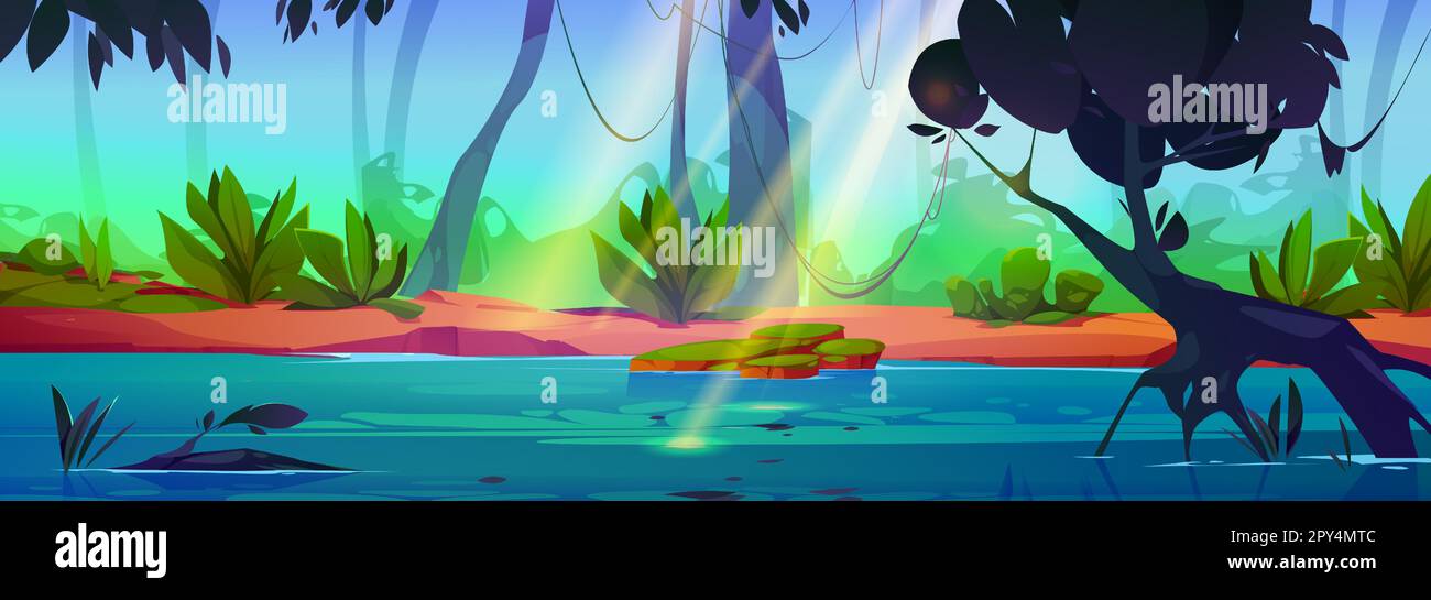 Tropical river water in jungle forest nature vector landscape. Green ...