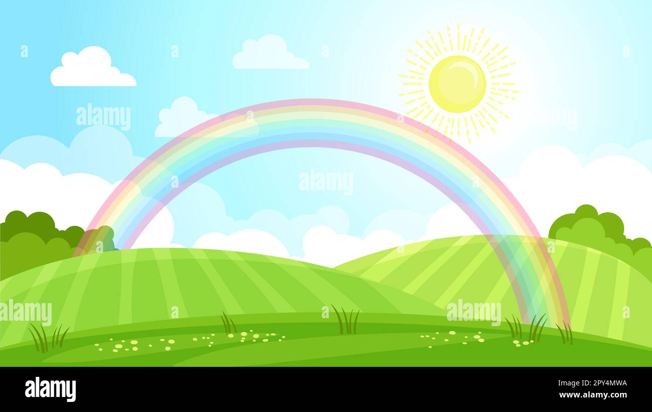 Vector background. Summer landscape. Green field, rainbow and sun in ...