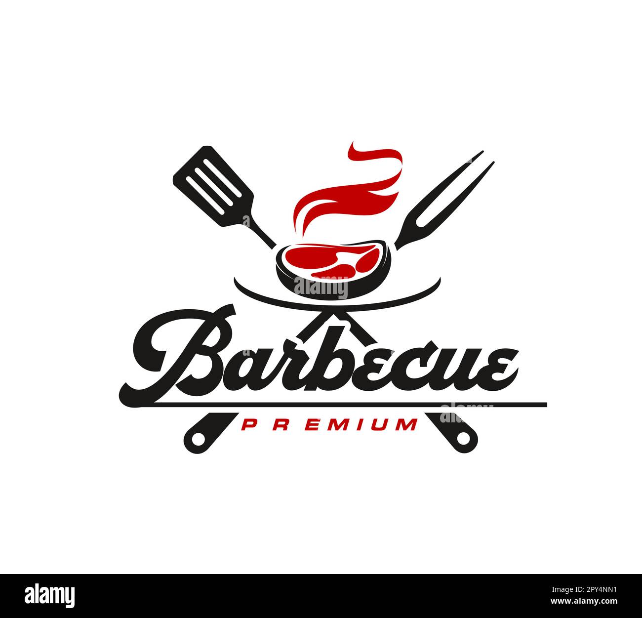 BBQ grill or barbecue restaurant icon with steak meat, fork and spatula