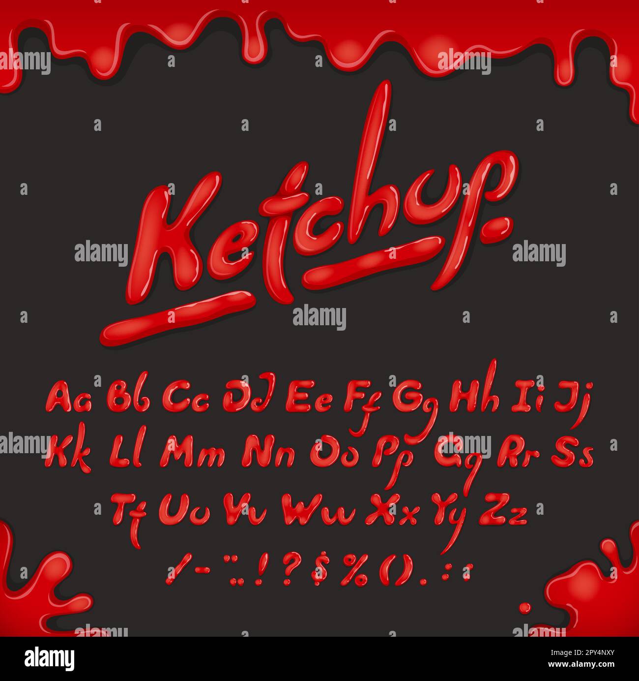 Ketchup font type or typeface cooking alphabet of tomato sauce letters, vector typography