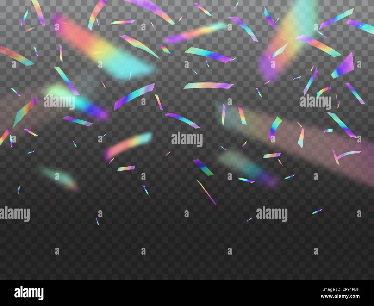 Holographic falling confetti glitters with bokeh light. Vector glittering shower with rainbow iridescent effect. Festive hologram foil cascades down f Stock Vector