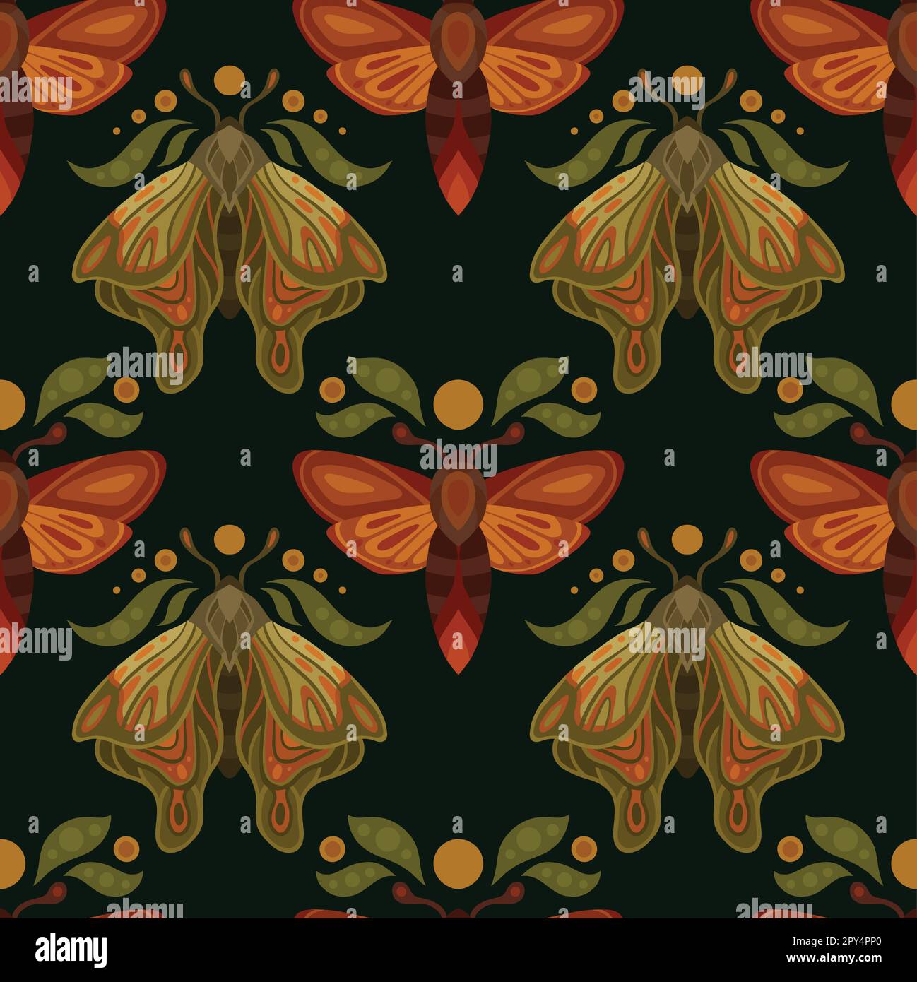 Seamless vector pattern with moths with foliage and moons on a dark ...
