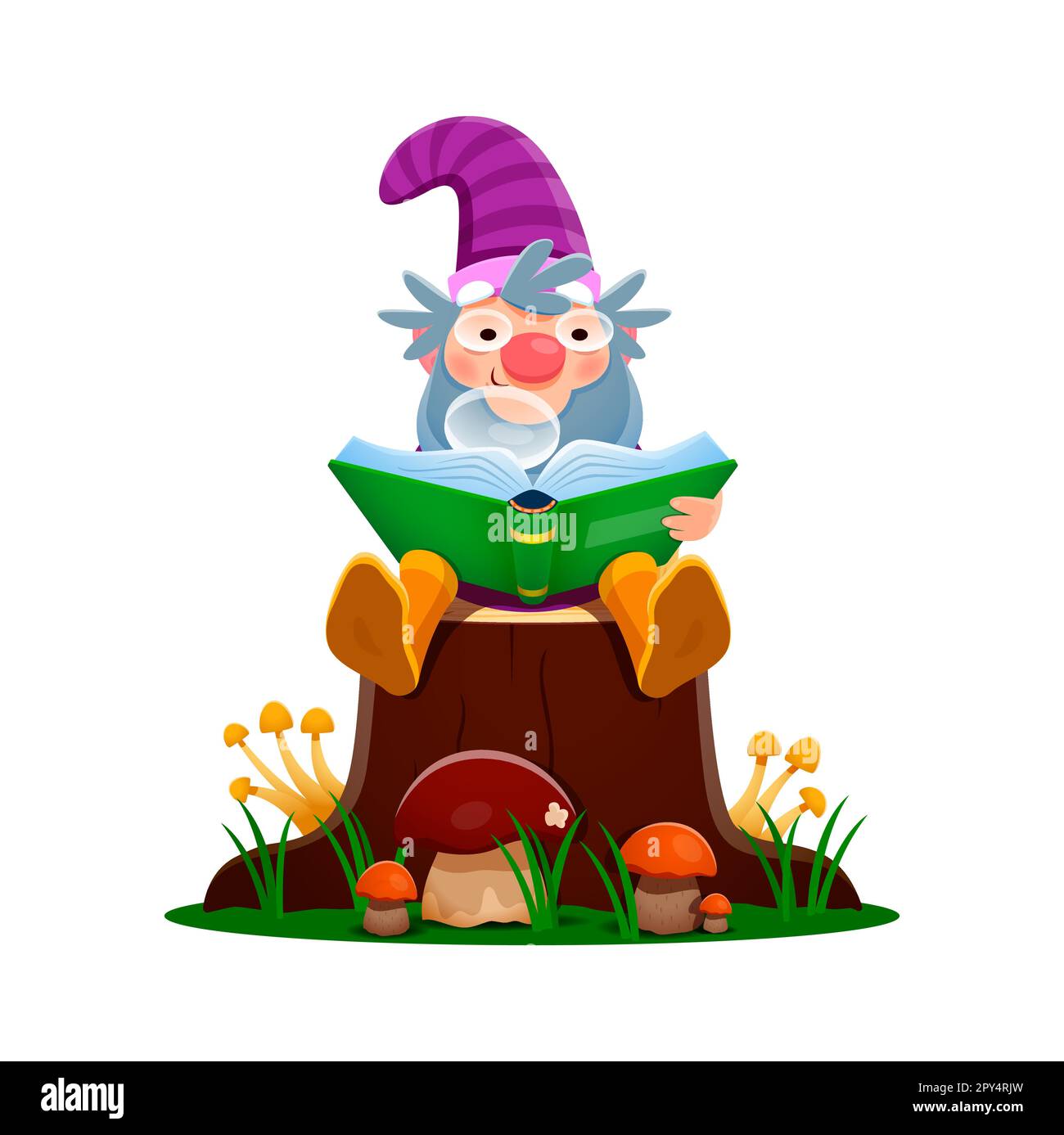 Cartoon gnome dwarf character sitting on stump and reading book, vector
