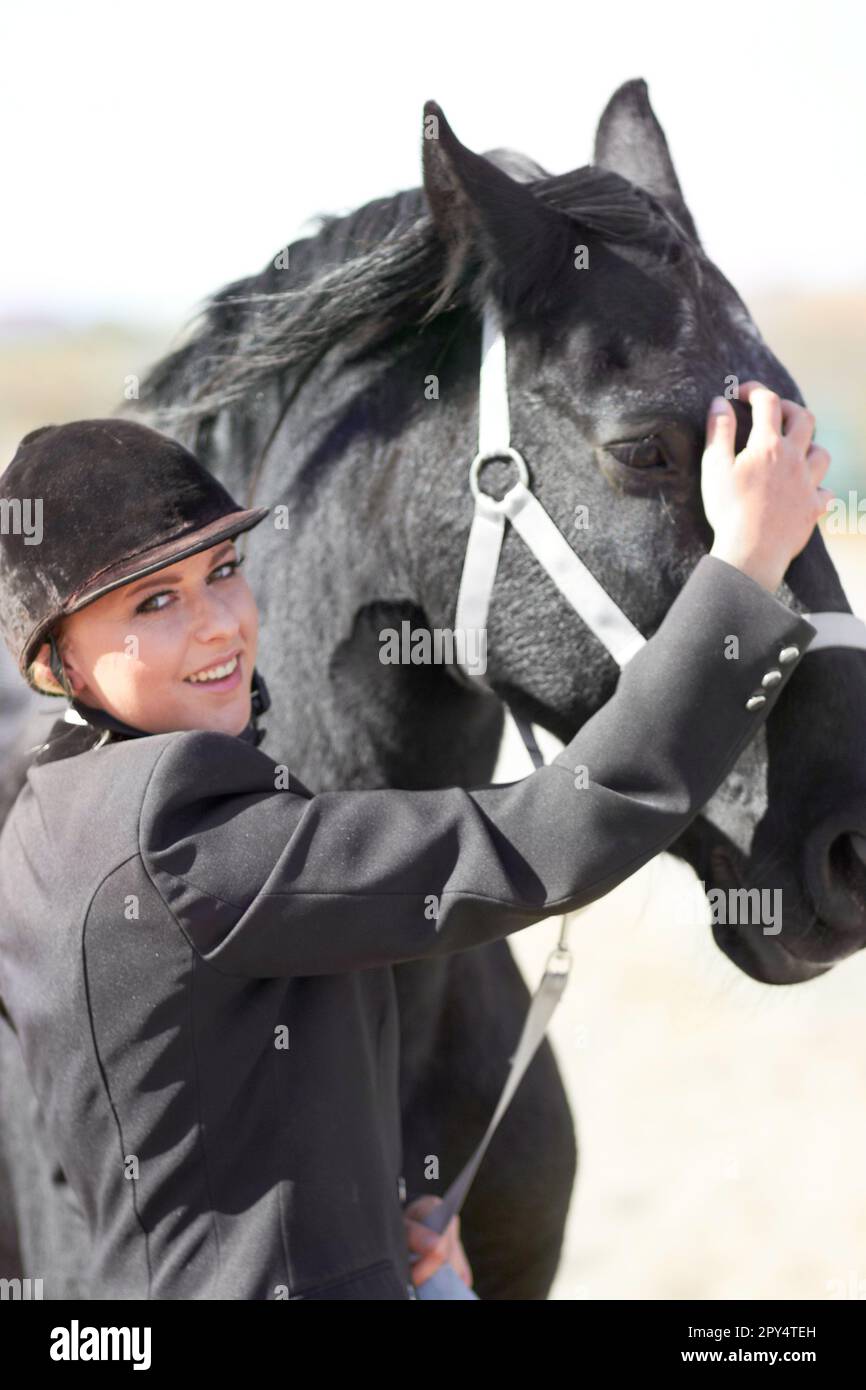 Horse rider, trainer portrait and woman on equestrian training and