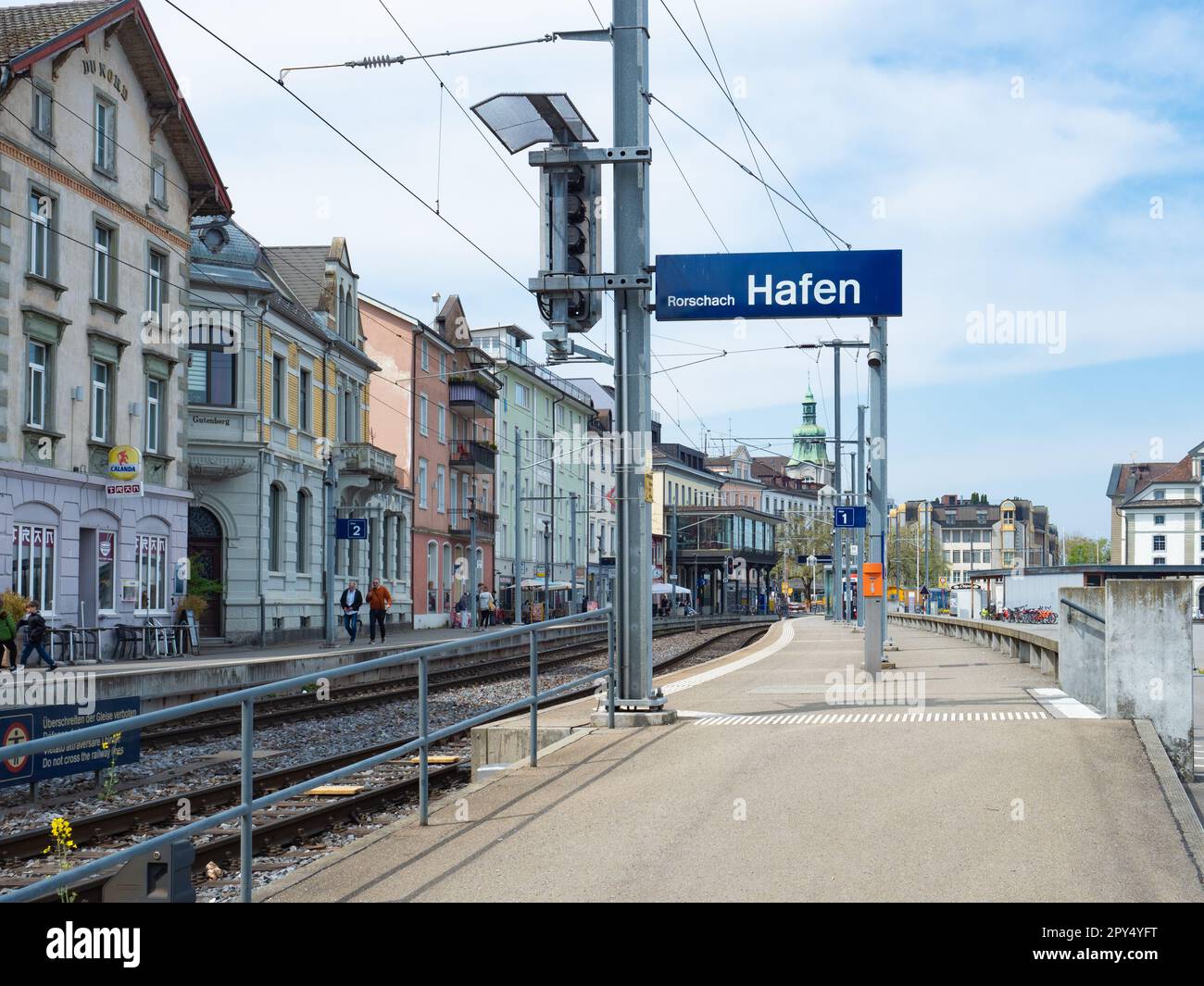 Rorschach, Switzerland - April 22nd 2022: Train station in the historic city centre situated at the harbour. Stock Photo