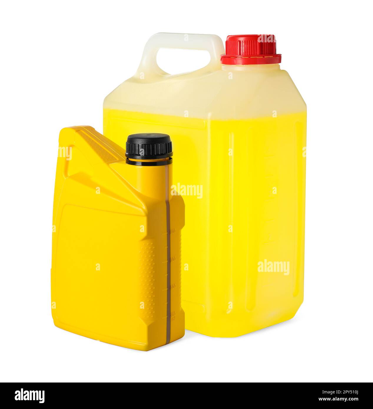 Yellow canisters with liquids on white background Stock Photo