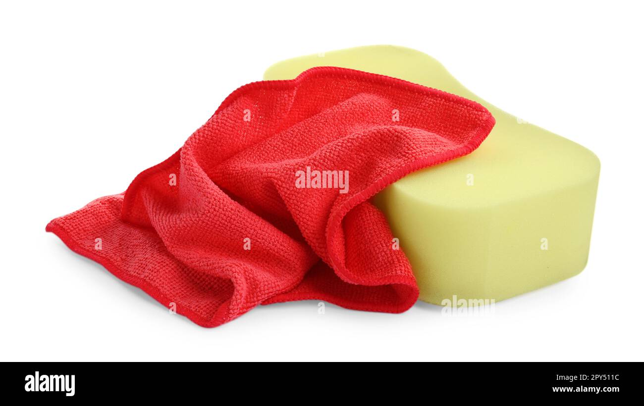 Sponge and car wash cloth on white background Stock Photo Alamy