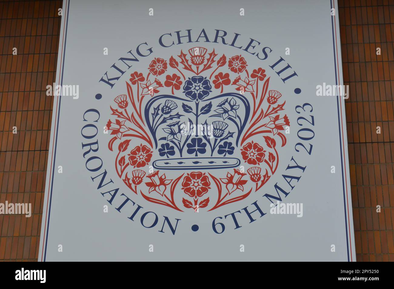 Decorations in Ealing seen outside Ealing Council Perceval House ahead of the coronation of King Charles III. Stock Photo