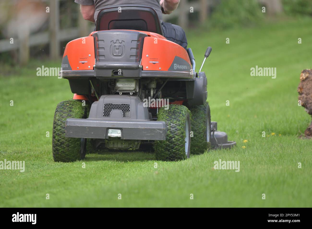A man mowing a lawn on a ride on mower on a spring day Stock Photo