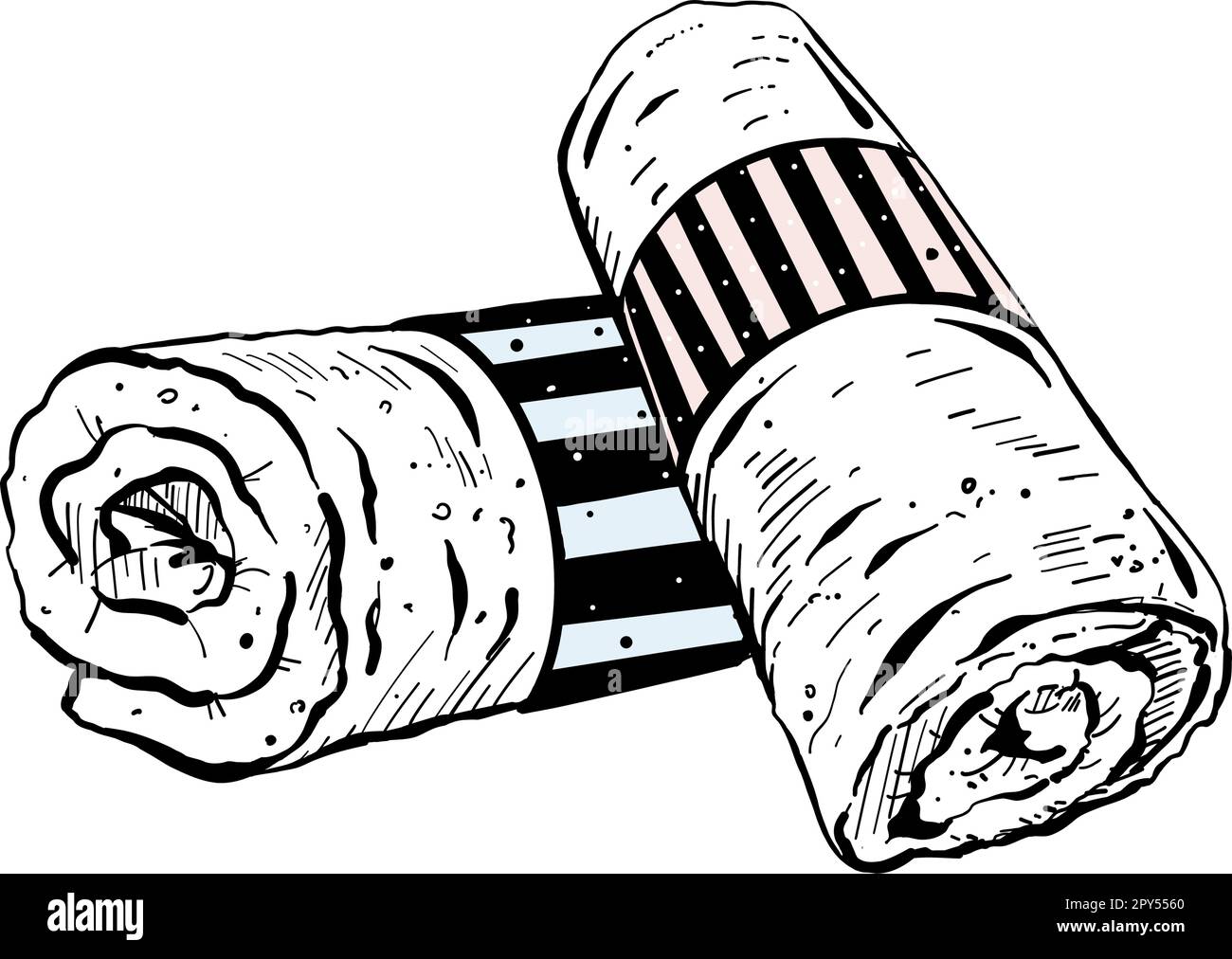 Vector illustration of twisted towels on white background. Black outline of two fresh towels, graphic drawing. For postcards, design and composition Stock Vector