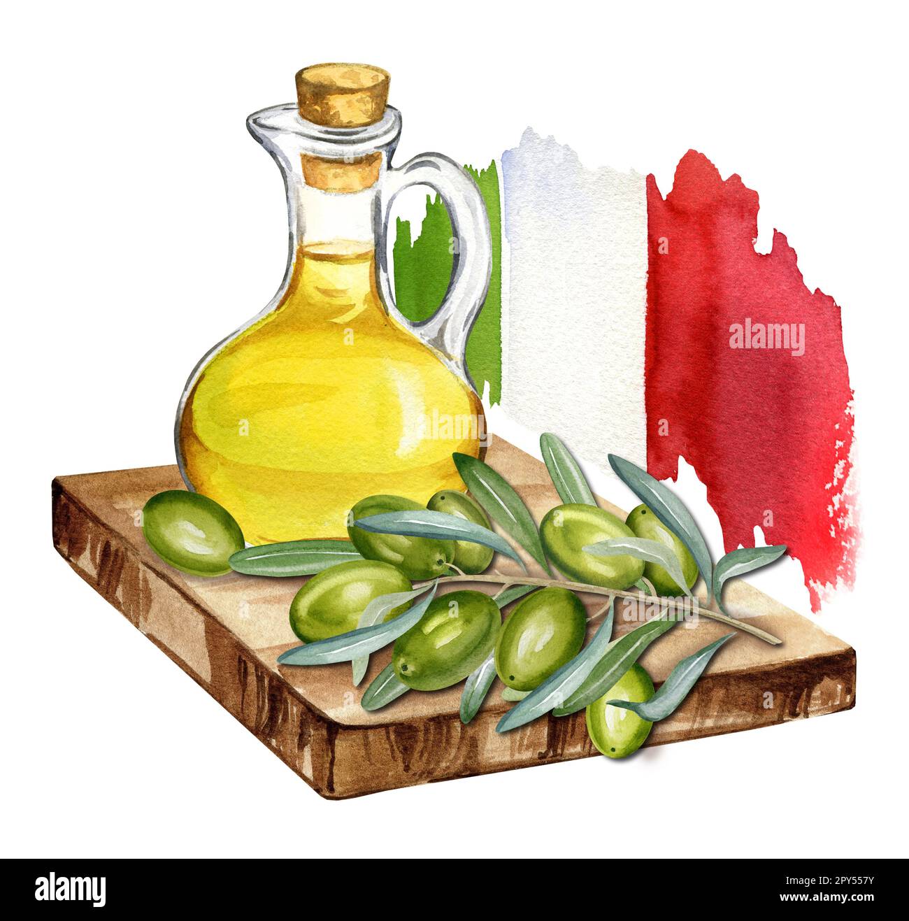 watercolor olive oil in glass bottle with branch of green olives with ...