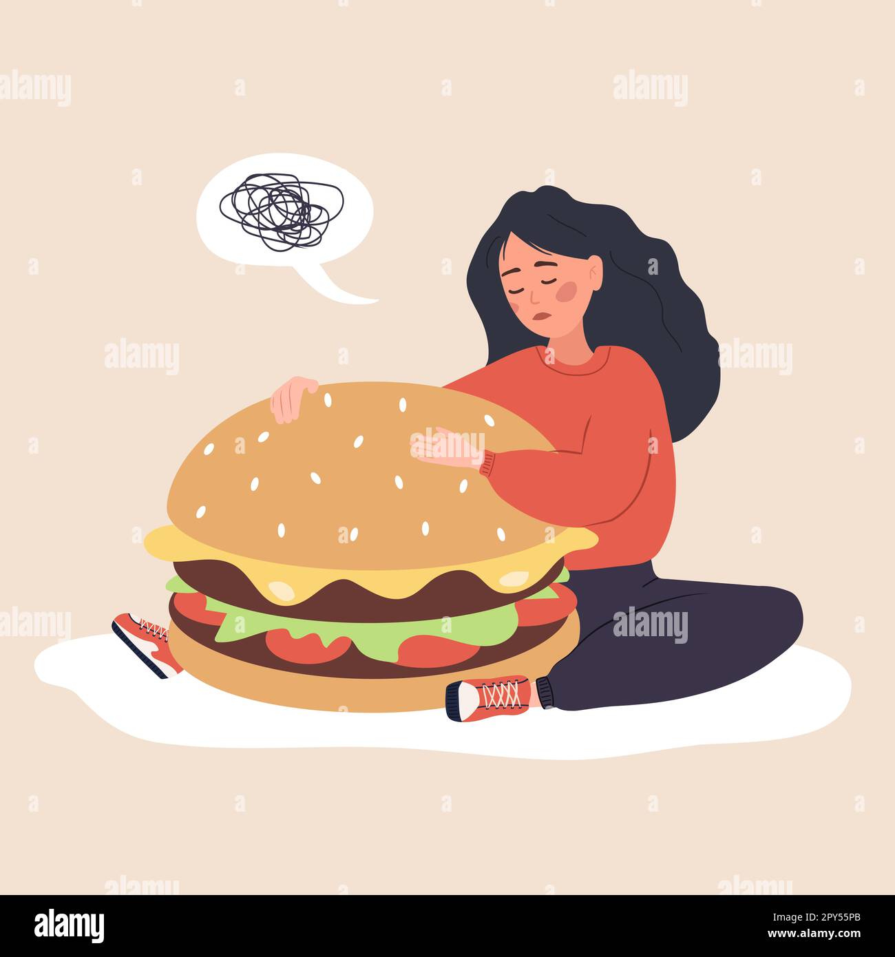 Eating disorder. Sad woman hugging huge hamburger and worries about