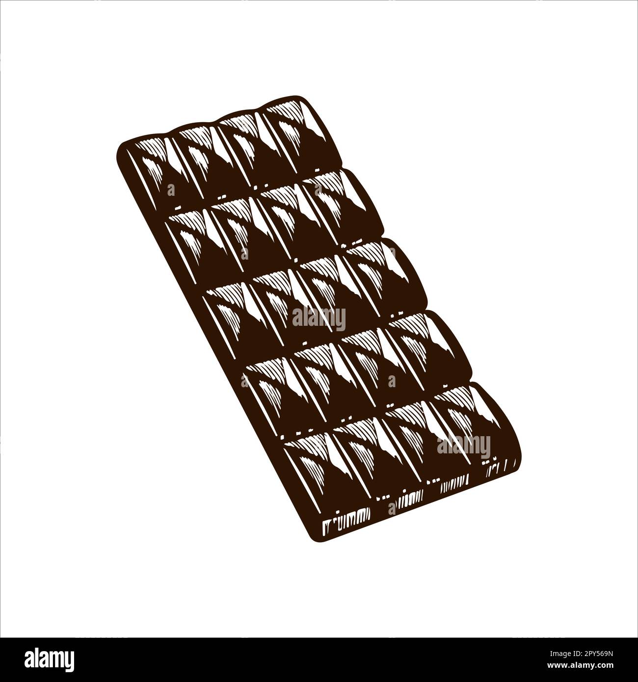 Vector illustration of a chocolate bar. Wrapped in packaging bar with a cocoa beans print, in unwrapped foil, with large chunks, whole block. Vintage Stock Vector