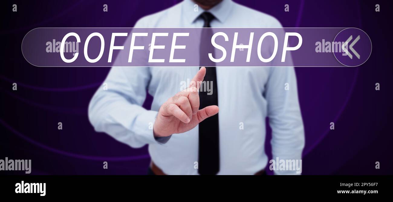 Hand writing sign Coffee Shop. Business concept small informal restaurant serving coffee and light refreshments Stock Photo