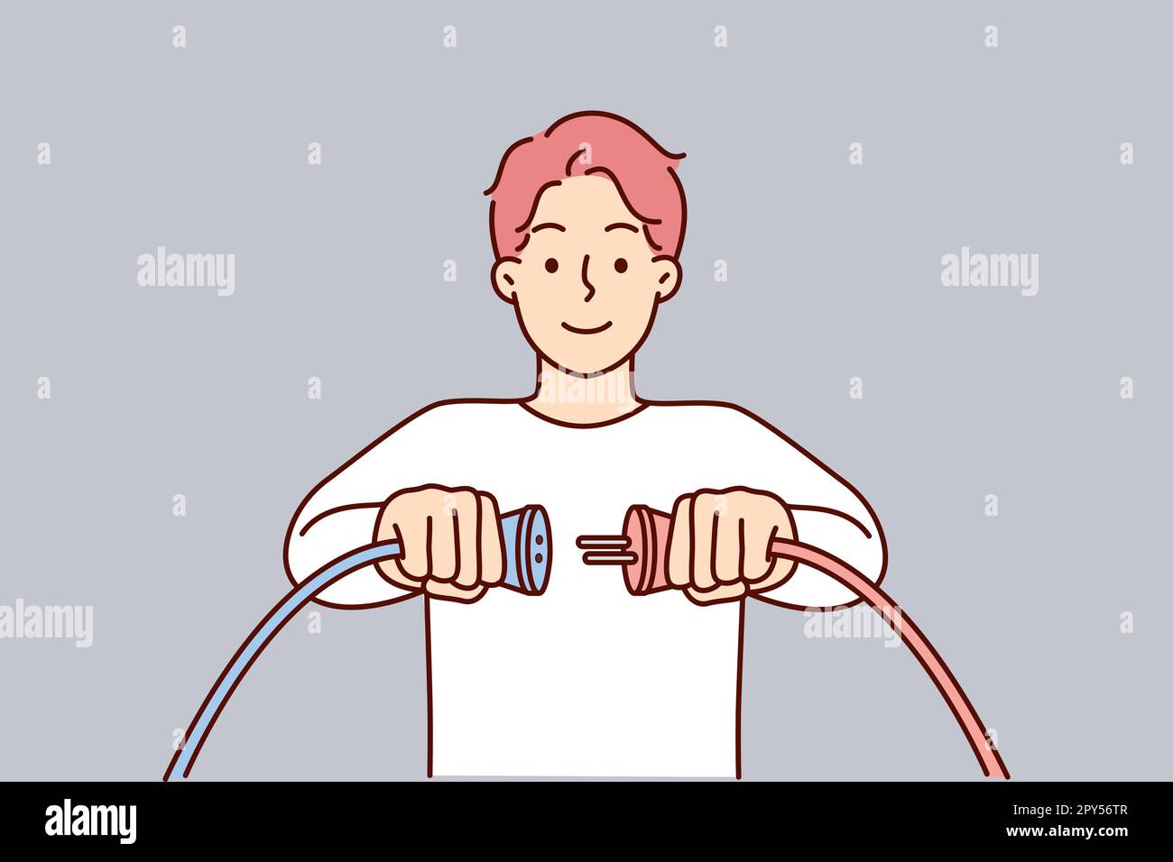 Man holding two cords with high voltage wish to connect wires to start