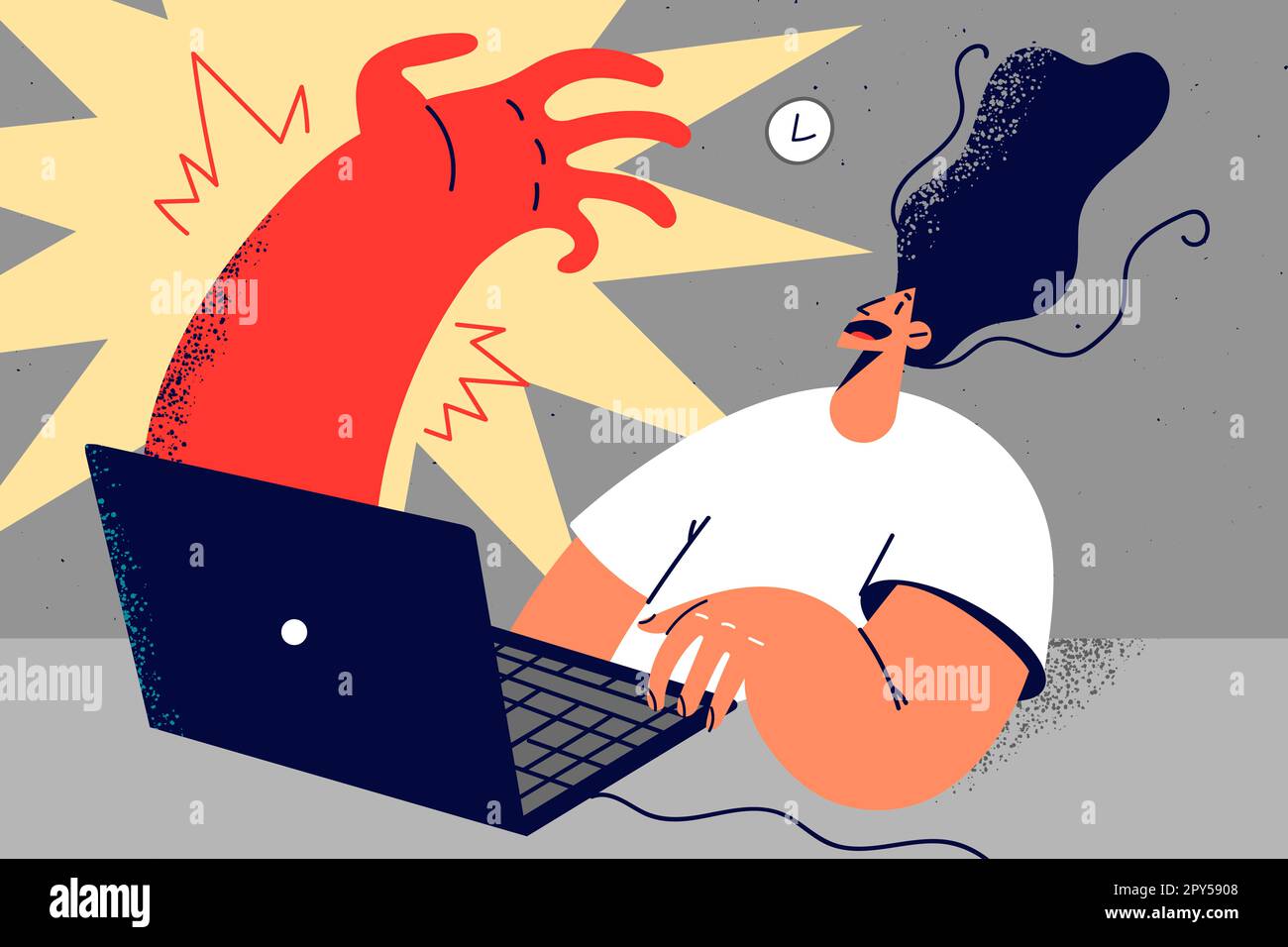 Scared woman look at huge hand appearing from laptop screen. Big hand arise from computer attack terrified female employee. Vector illustration. Stock Photo