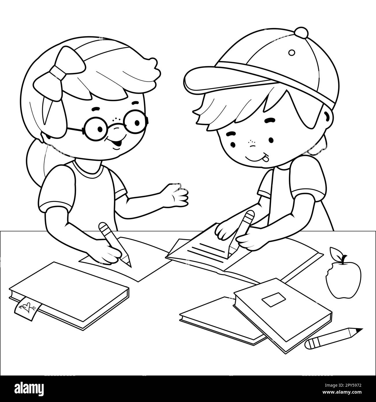 Children doing their homework on a desk. Black and white coloring page