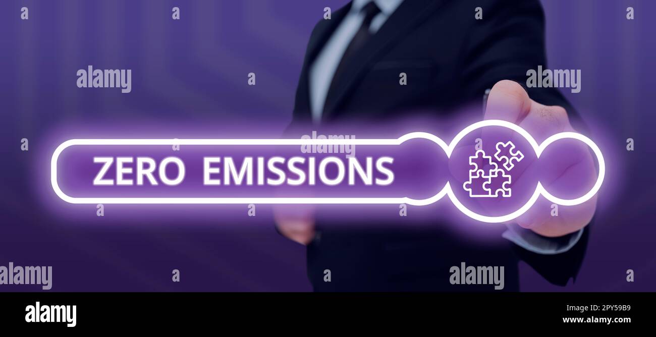 Conceptual caption Zero Emissions. Word Written on emits no waste products that pollute the environment Stock Photo