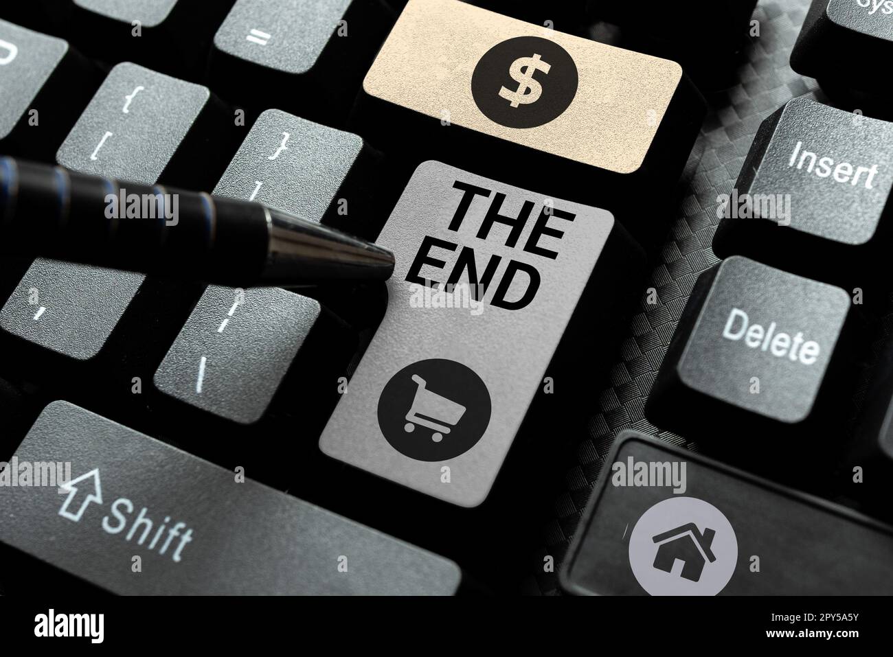 Conceptual display The End. Internet Concept Final part of play relationship event movie act Finish Conclusion Stock Photo