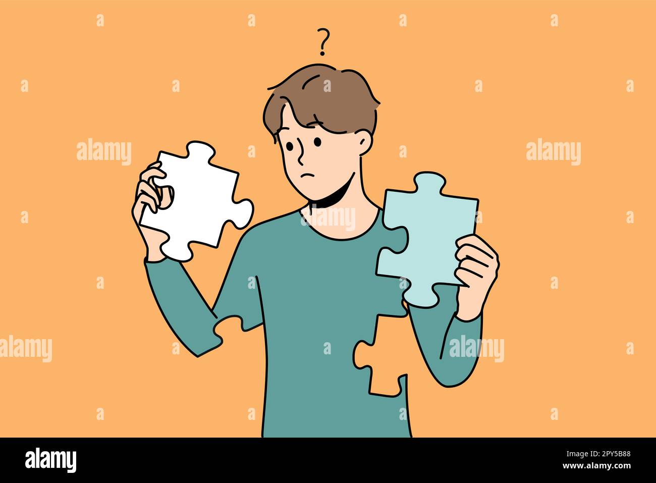 Frustrated young man with jigsaw puzzles in hands rebuild personality