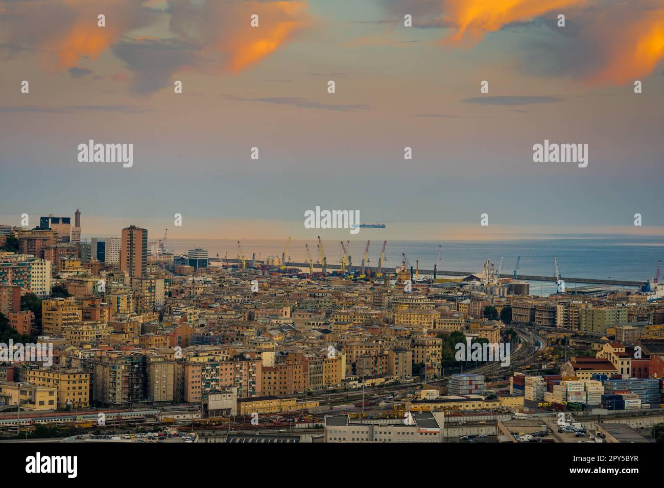 Genoa, Italy - 09 15 2020: Aerial view of the harbor. Time lapse Stock Photo