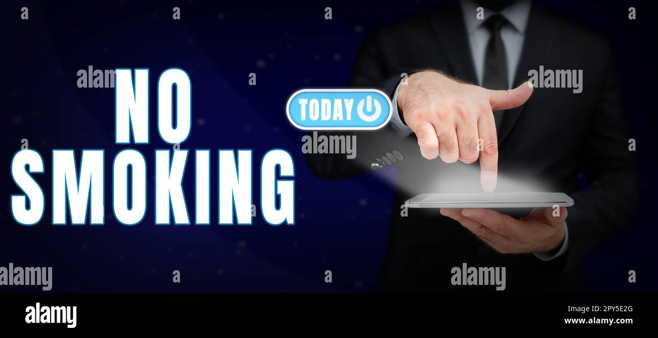 Conceptual caption No Smoking. Word Written on using tobacco is