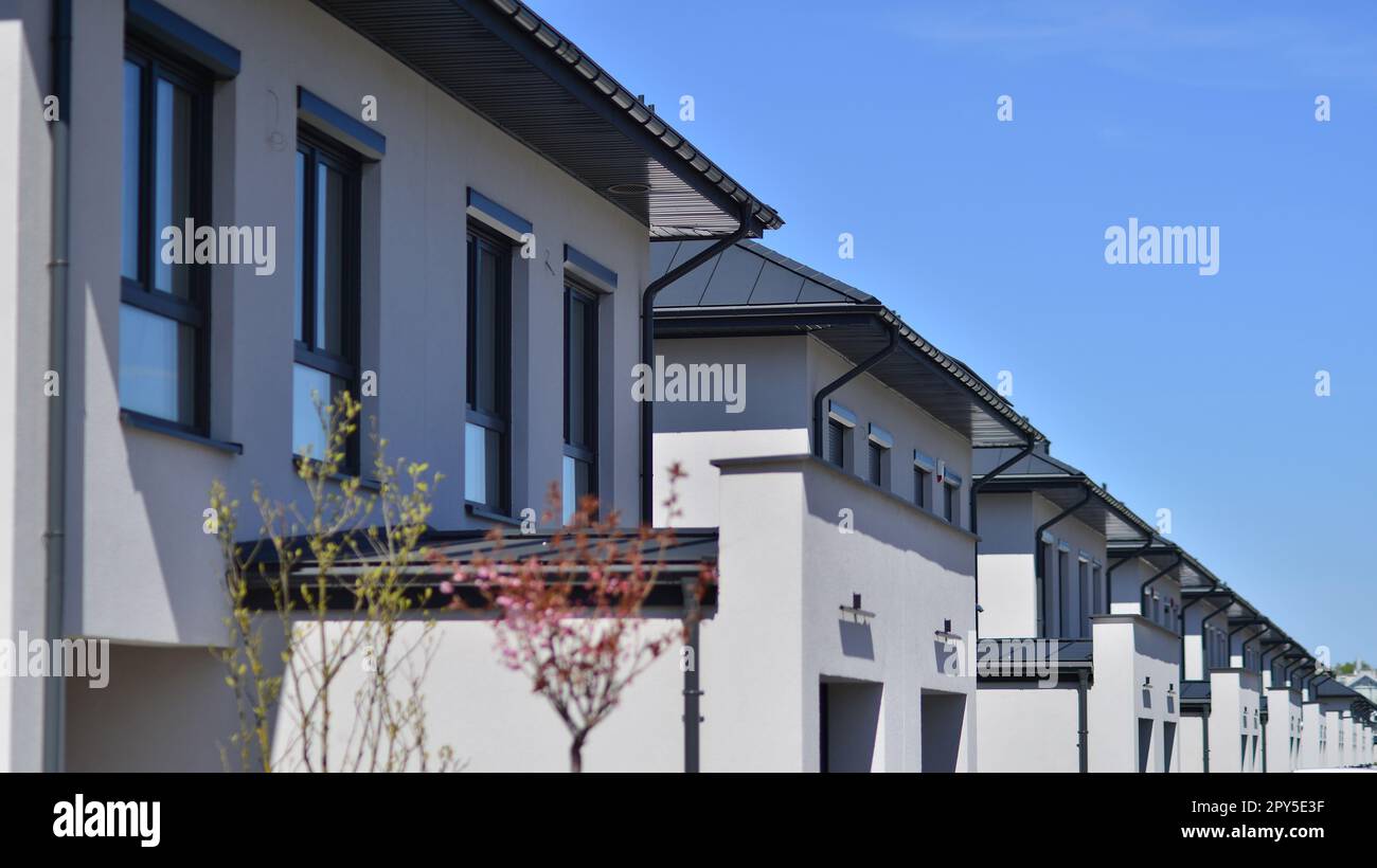 Terraced family homes in newly developed housing estate. The real