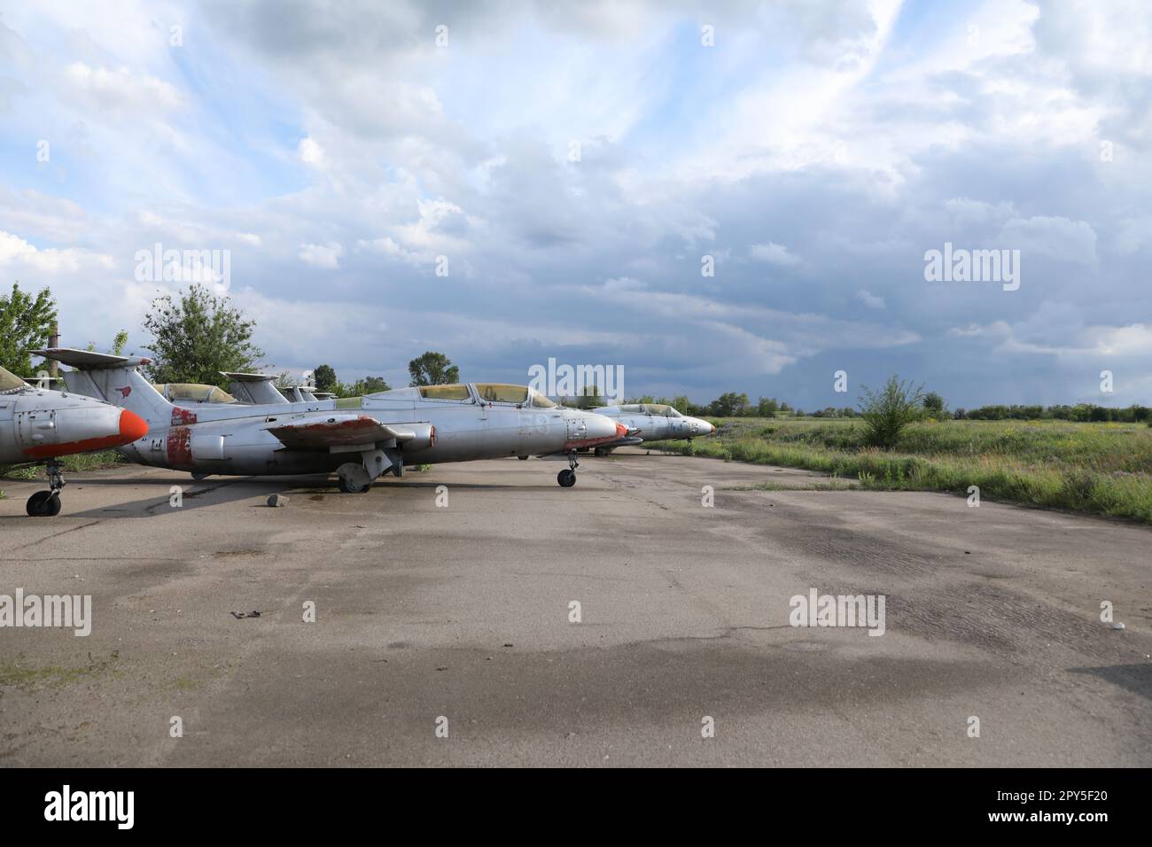 abandoned damaged russian military airplane Aero L-29 Delfine Stock Photo