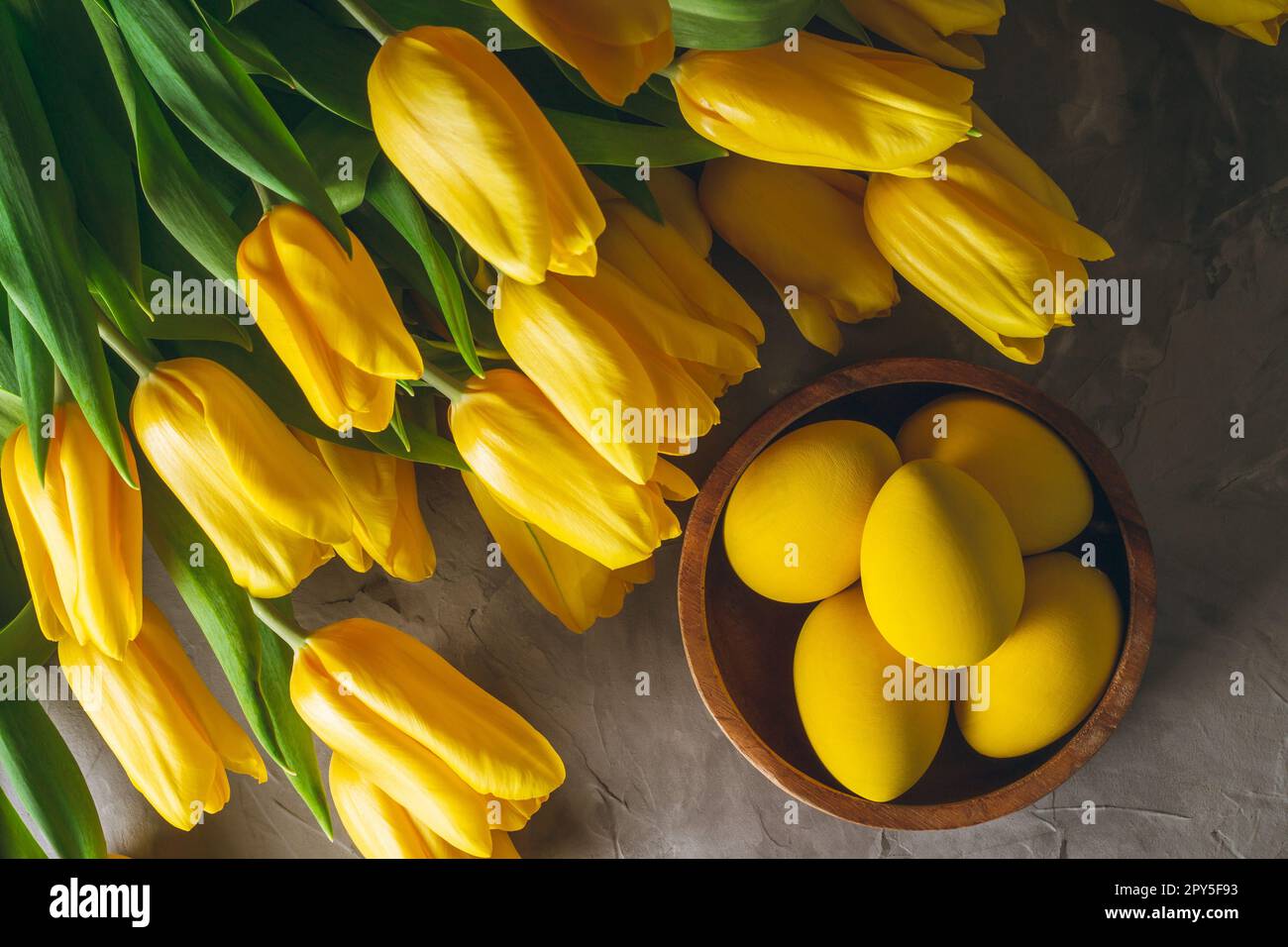Easter eggs in wooden bowl and bouquet of bright yellow tulips on gray concrete surface. Flat lay. Top view Stock Photo
