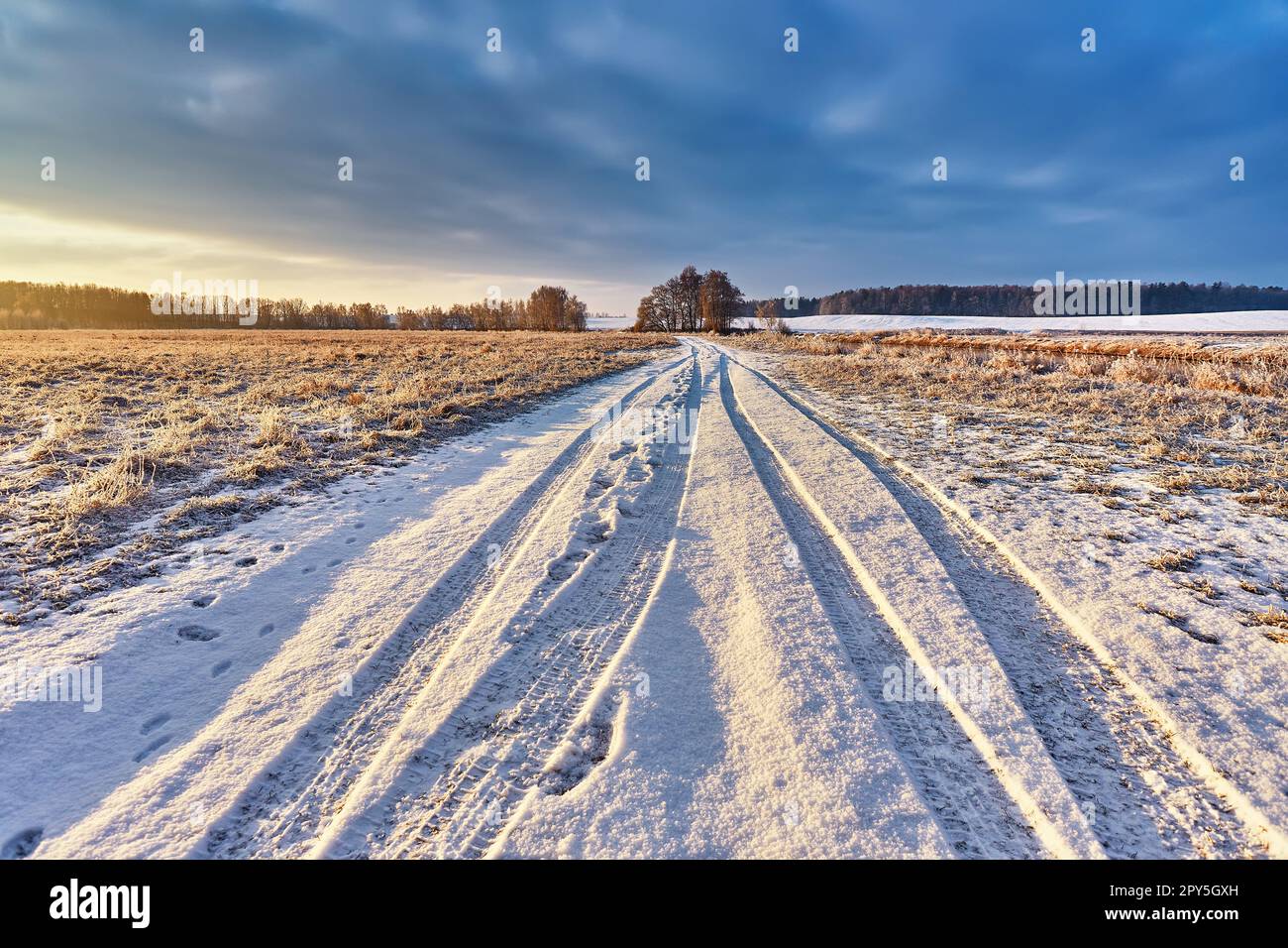 Snowy rural road with traces and footprints on winter riverbank. Frost on grass, cane. February Forest river sunrise. Cold Weather landscape. Low Cloudy sky Stock Photo