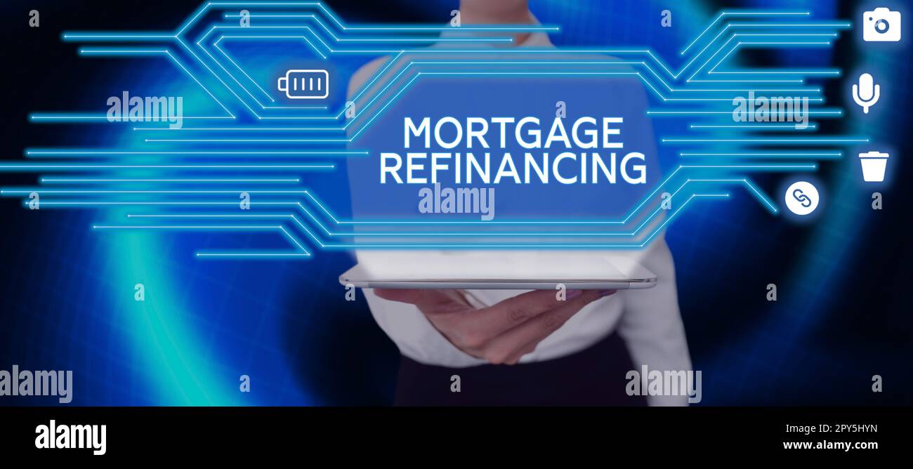 Sign displaying Mortgage Refinancing. Concept meaning process of replacement of an existing debt obligation Stock Photo