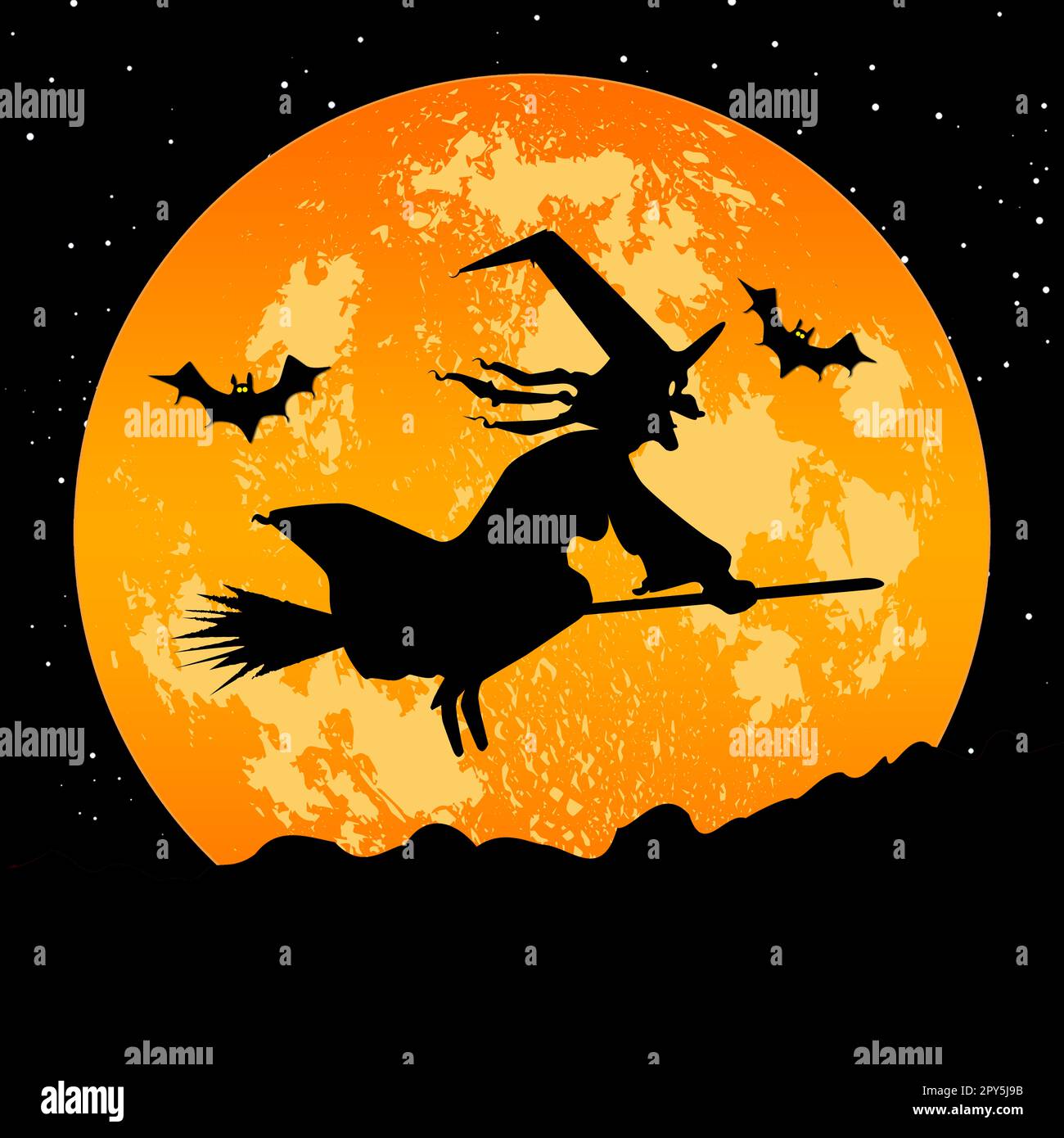 A creepy witch flying on her broom with a orange full moon and flying ...