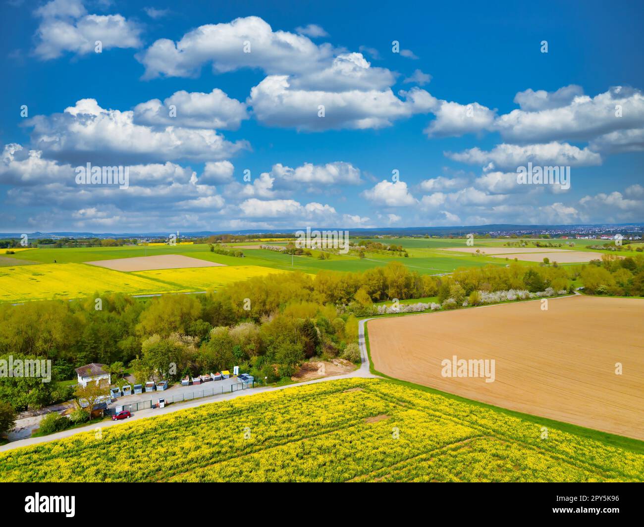 Drone shot from german landscape with meadows in Hesse. Stock Photo